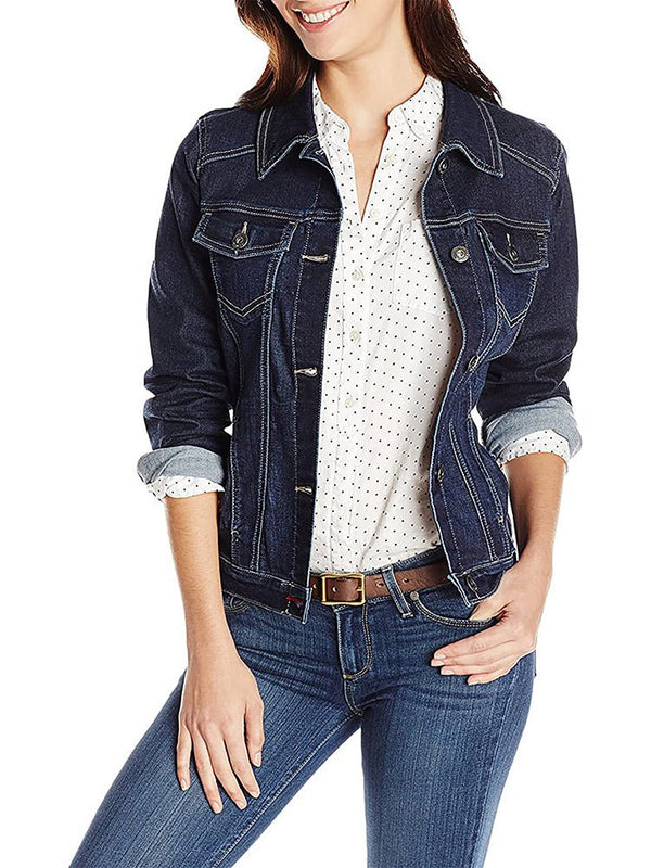 Women's Jackets Solid Flapped Pocket Single Breasted Denim Jacket