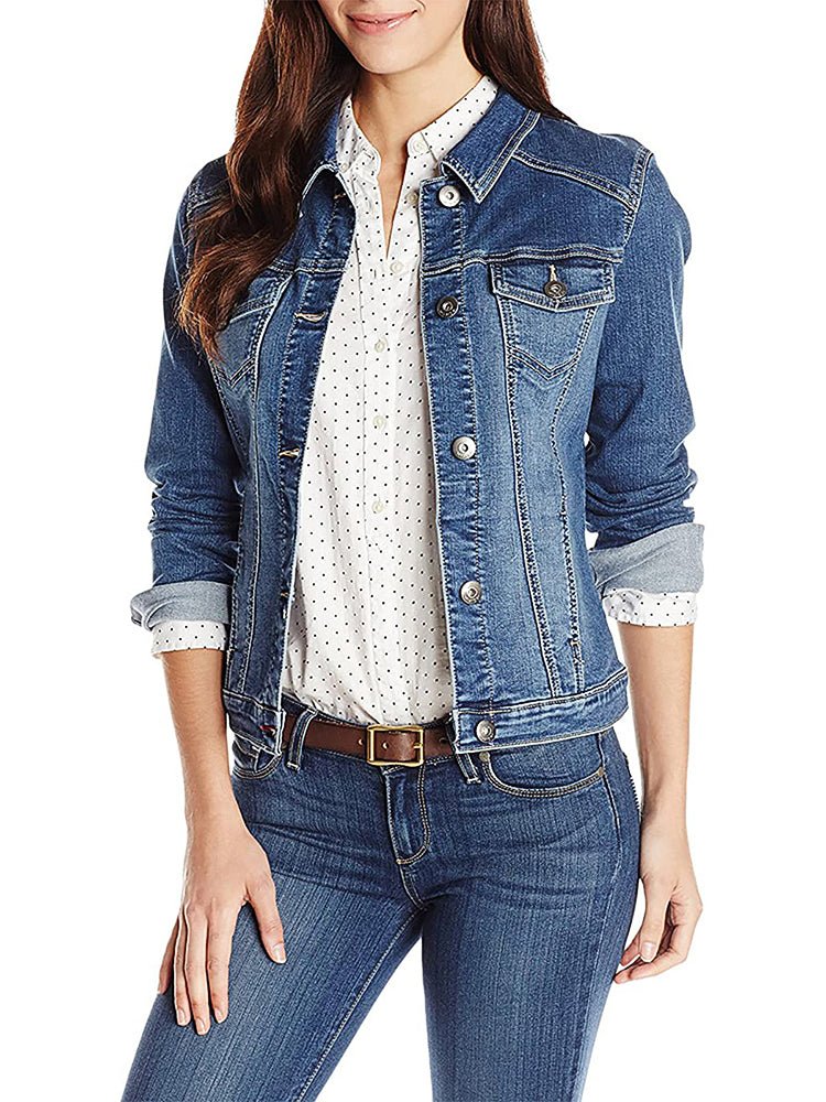 Women's Jackets Solid Flapped Pocket Single Breasted Denim Jacket