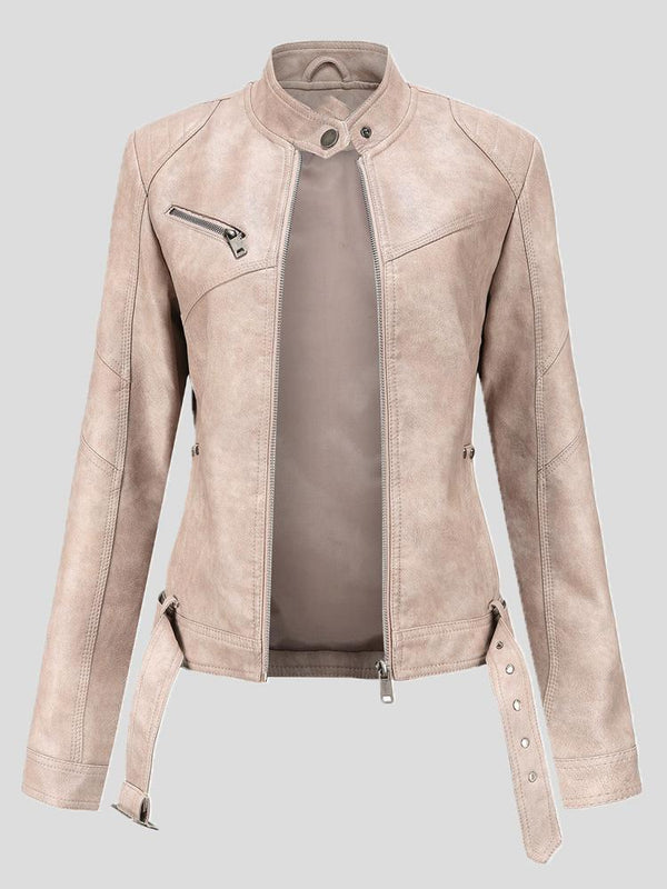 Women's Jackets Stand-Up Collar Slim Belt Leather Jacket