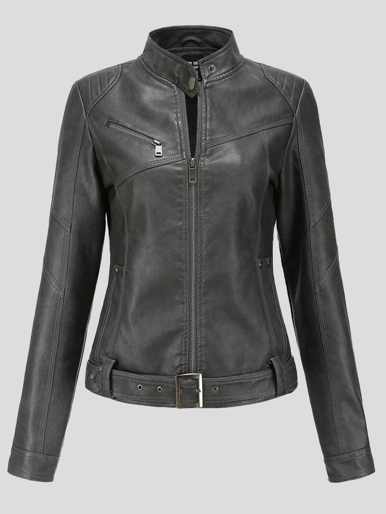 Women's Jackets Stand-Up Collar Slim Belt Leather Jacket