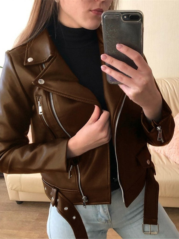 Zipper Long Sleeve PU Skinny Leather Jacket