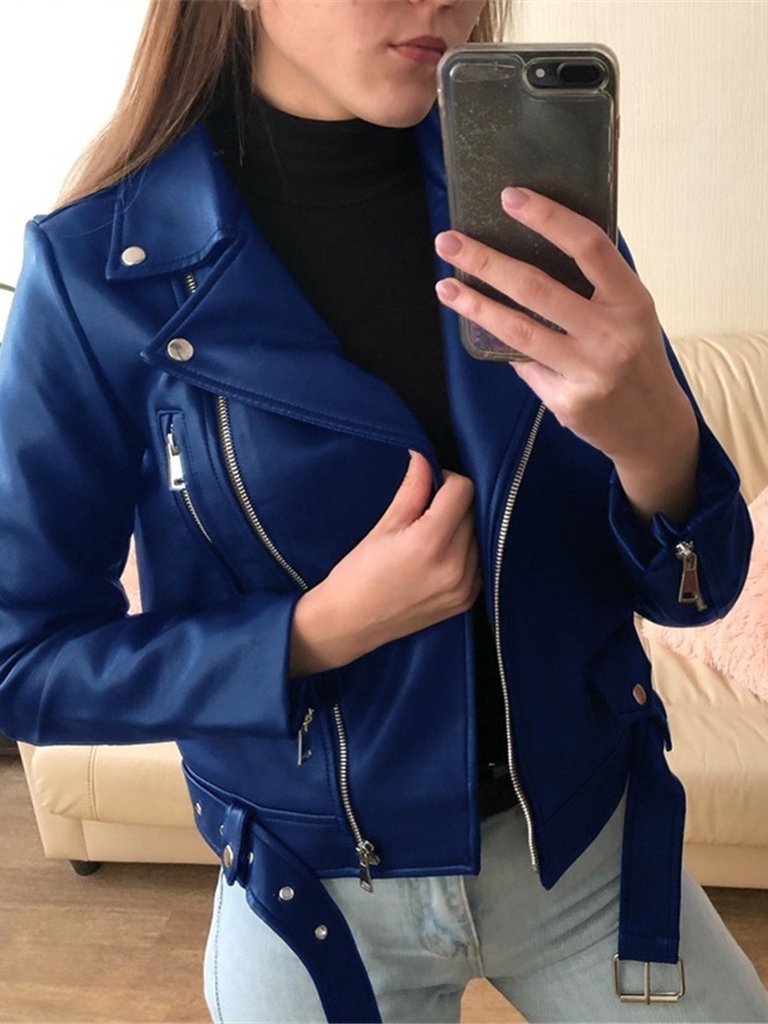 Zipper Long Sleeve PU Skinny Leather Jacket