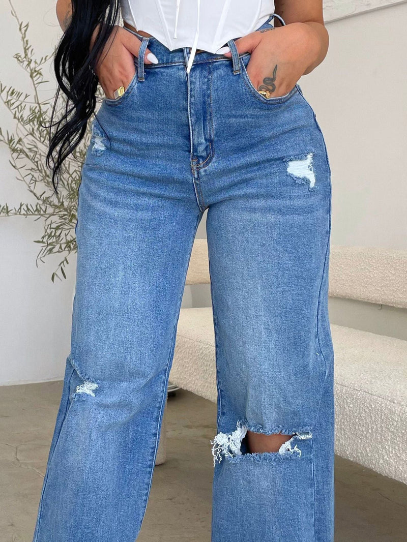 Women's Jeans High Waist Ripped Wide Leg Jeans