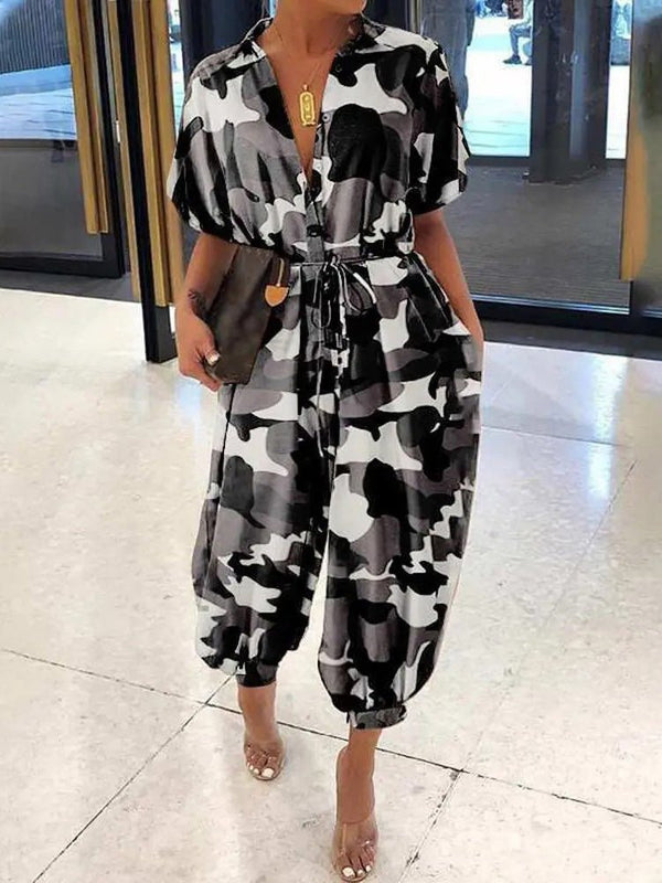 Women's Jumpsuits Camouflage Lapel Tie Button Casual Jumpsuit