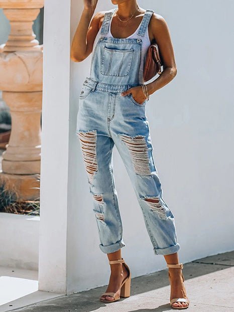 Women's Jumpsuits Casual Ripped Pocket Denim Jumpsuit