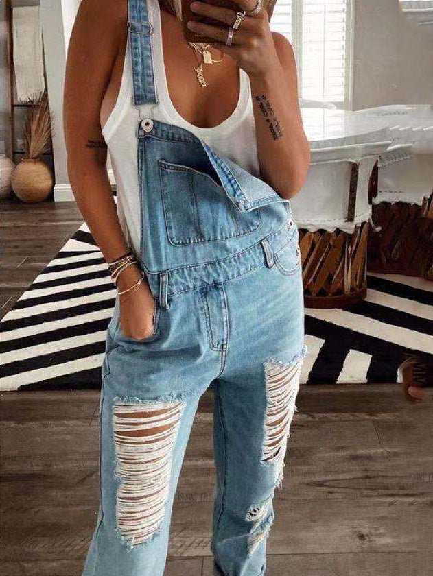 Women's Jumpsuits Casual Ripped Pocket Denim Jumpsuit