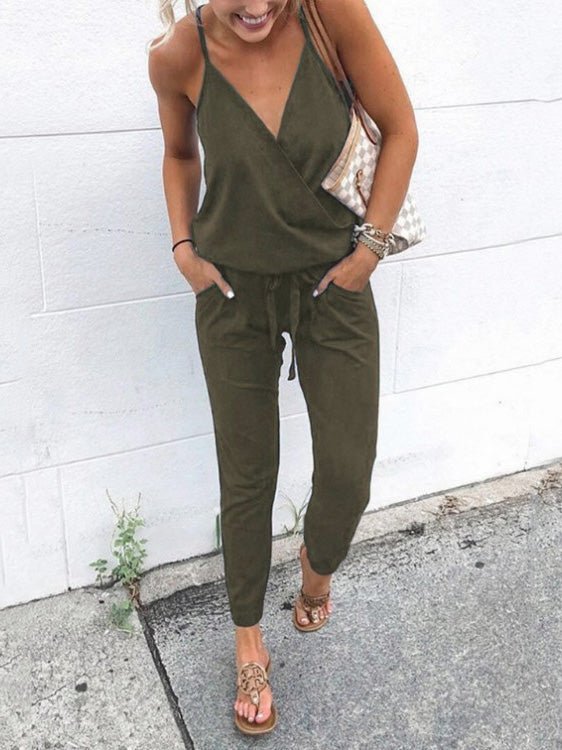 Women's Jumpsuits Casual Sling V-Neck Belted Pocket Jumpsuit