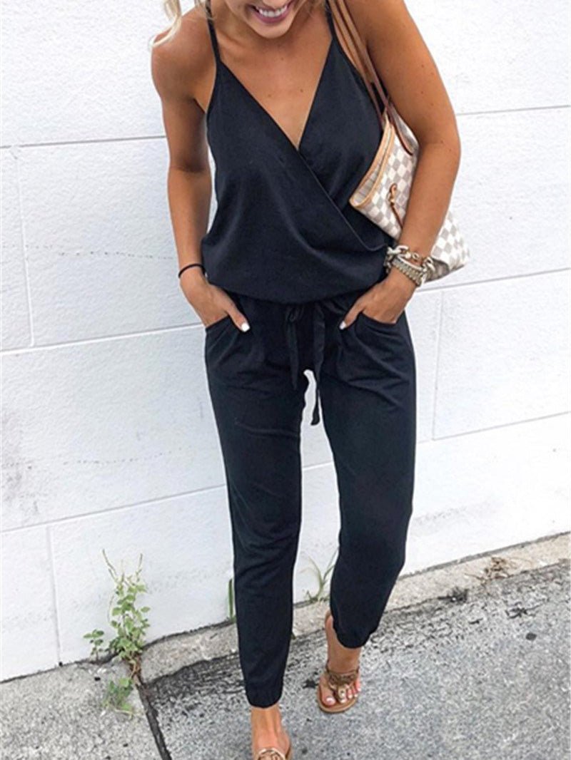 Women's Jumpsuits Casual Sling V-Neck Belted Pocket Jumpsuit