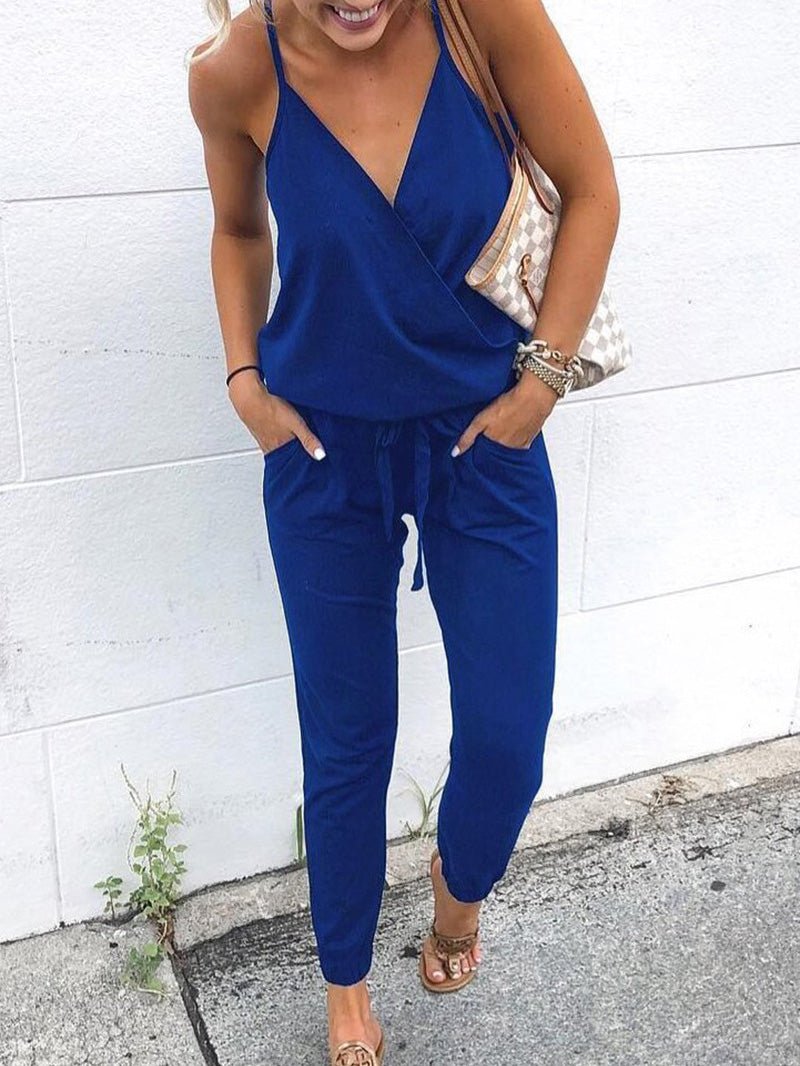 Women's Jumpsuits Casual Sling V-Neck Belted Pocket Jumpsuit