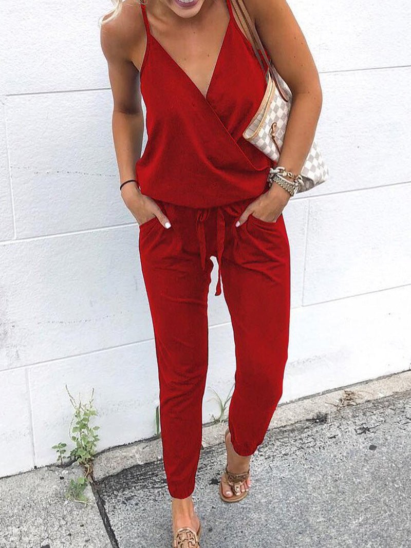 Women's Jumpsuits Casual Sling V-Neck Belted Pocket Jumpsuit