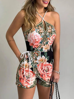 Women's Jumpsuits Floral Print Halter Pocket Slim Fit Jumpsuit