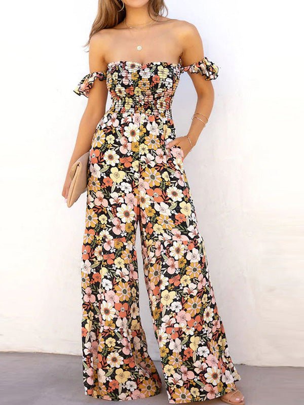 Women's Jumpsuits Floral Print One-Shoulder Pocket Jumpsuit