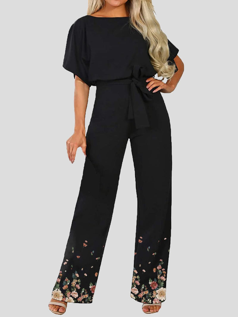 Women's Jumpsuits Floral Print Short Sleeve Lace Up Jumpsuit