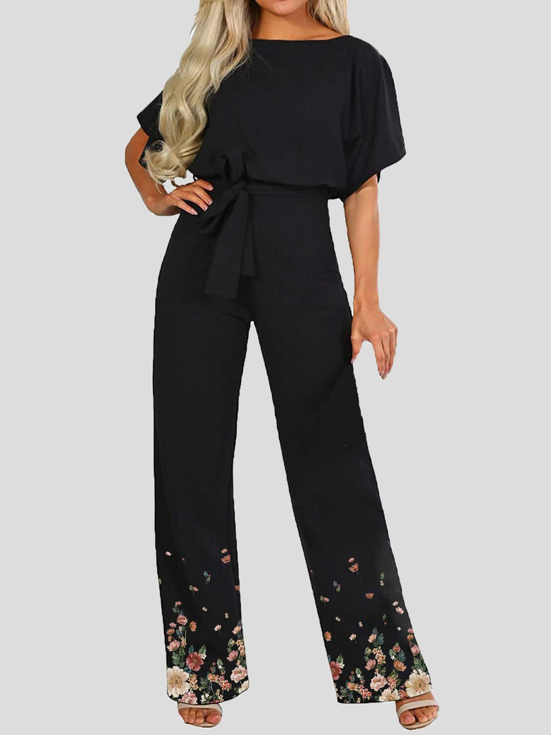 Women's Jumpsuits Floral Print Short Sleeve Lace Up Jumpsuit