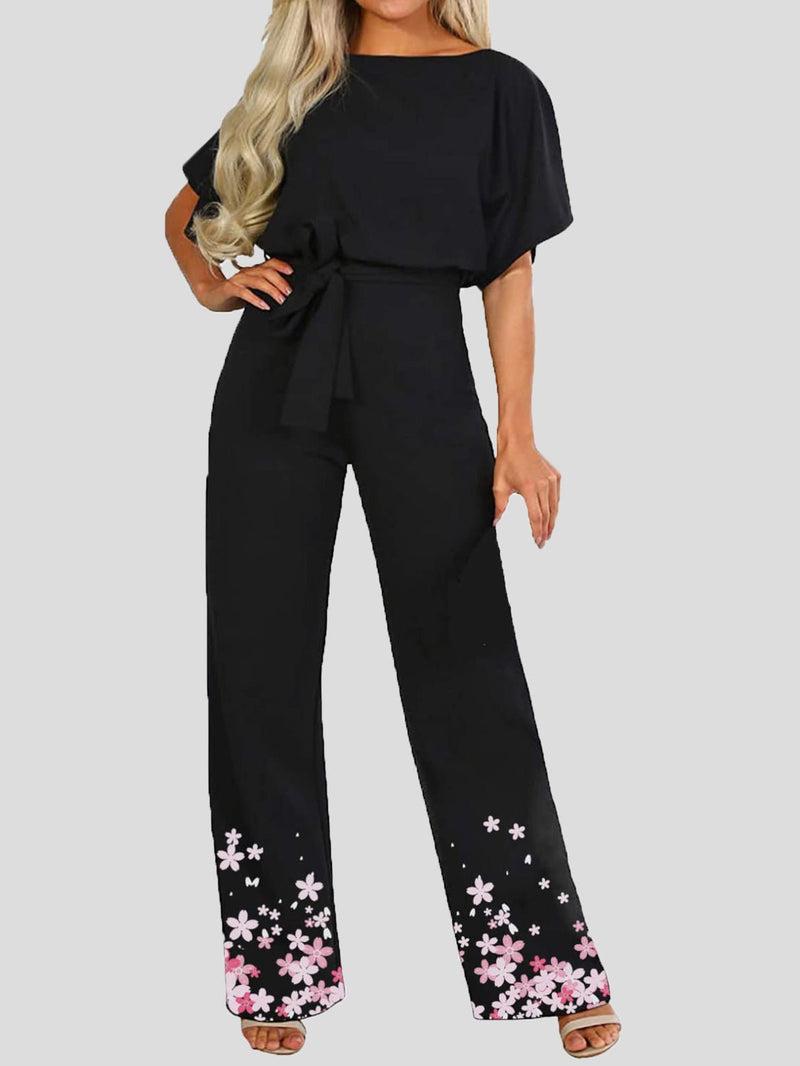 Women's Jumpsuits Floral Print Short Sleeve Lace Up Jumpsuit