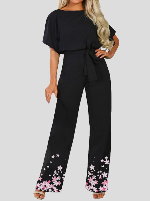 Women's Jumpsuits Floral Print Short Sleeve Lace Up Jumpsuit