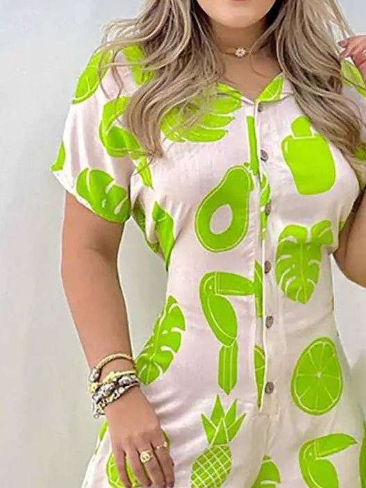 Women's Jumpsuits Fruit Print Button Short Sleeve Jumpsuit