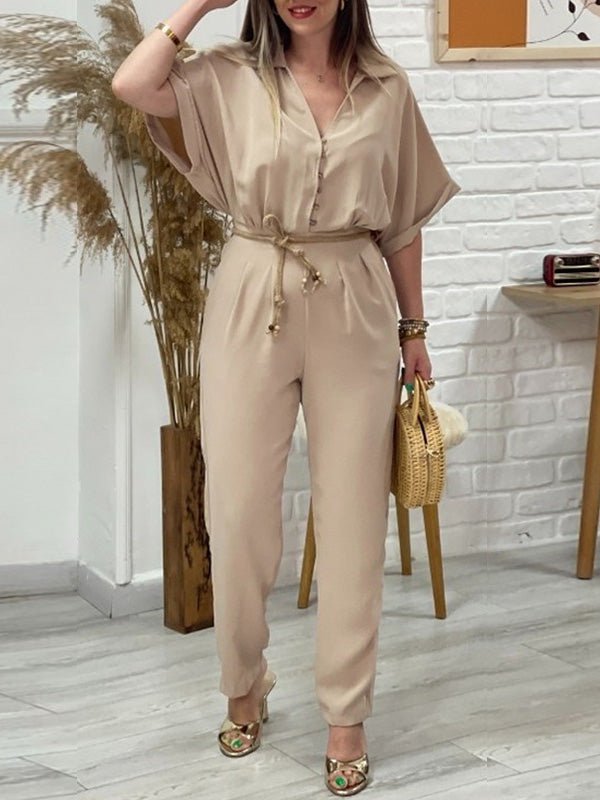 Women's Jumpsuits Lapel Button Tie Casual Jumpsuit