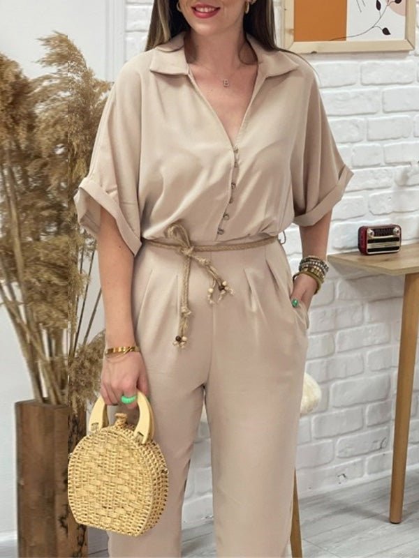 Women's Jumpsuits Lapel Button Tie Casual Jumpsuit