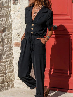 Women's Jumpsuits Lapel Button Tie Pocket Jumpsuit