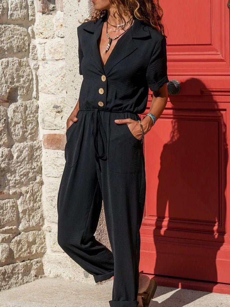 Women's Jumpsuits Lapel Button Tie Pocket Jumpsuit