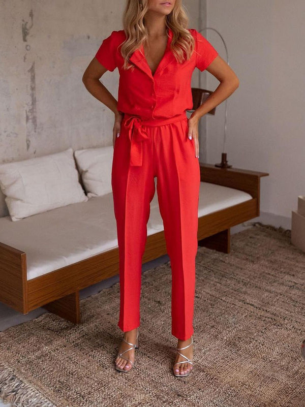 Women's Jumpsuits Lapel Lace-Up Pocket Casual Jumpsuit