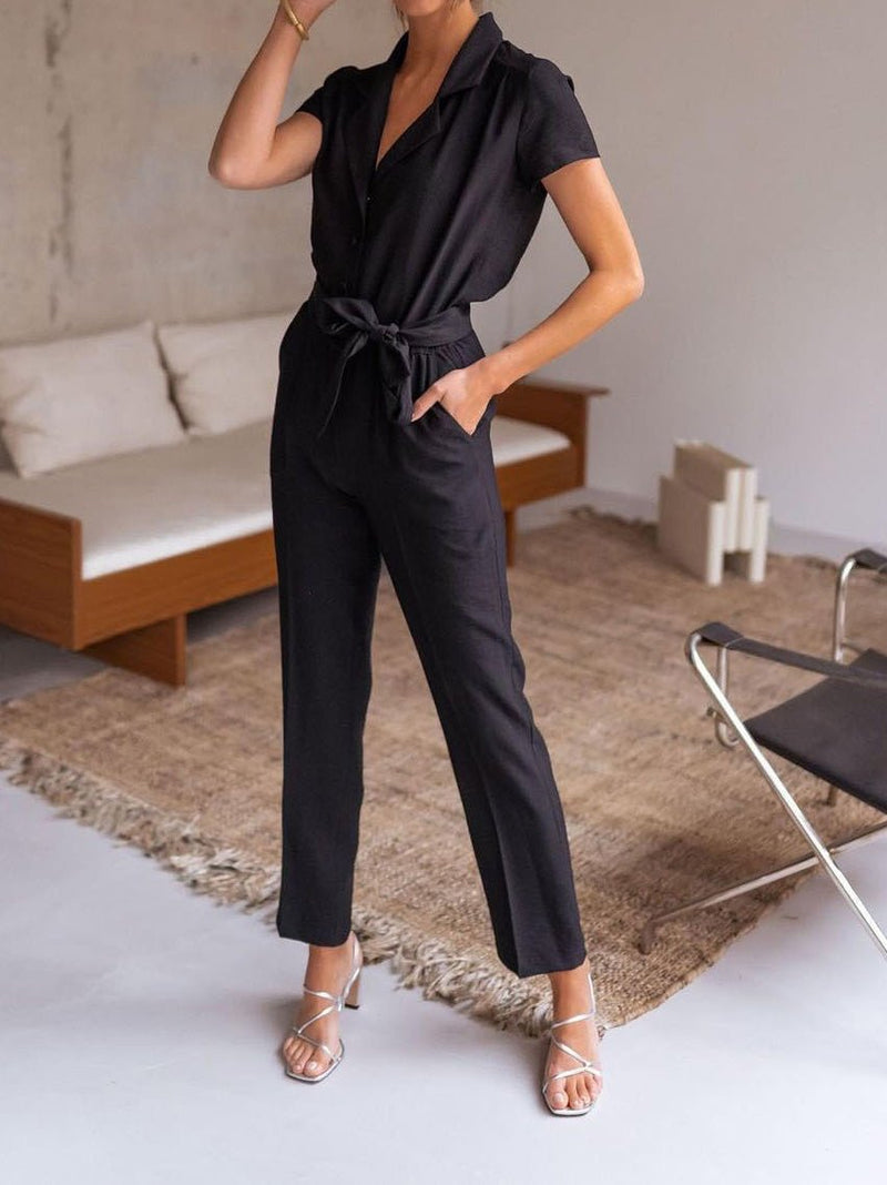 Women's Jumpsuits Lapel Lace-Up Pocket Casual Jumpsuit