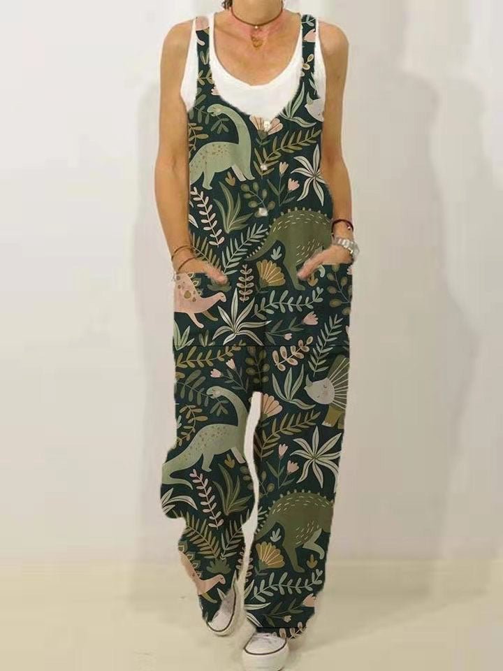 Women's Jumpsuits Loose Cute Print Pocket Sleeveless Jumpsuit