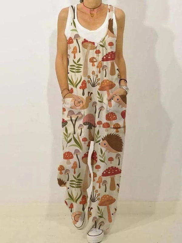 Women's Jumpsuits Loose Cute Print Pocket Sleeveless Jumpsuit