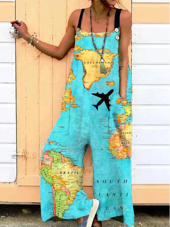 Women's Jumpsuits Loose Print Pocket Sleeveless Jumpsuit