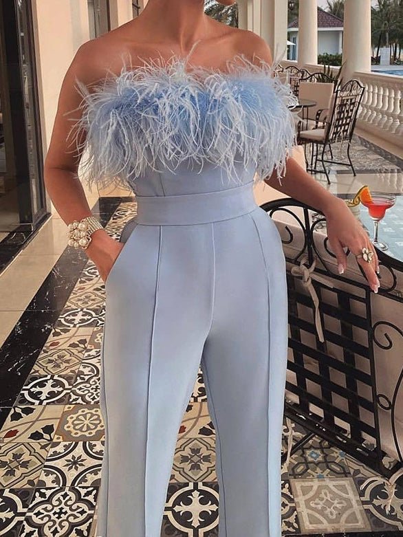 Women's Jumpsuits Off-Shoulder Feather Backless Jumpsuit