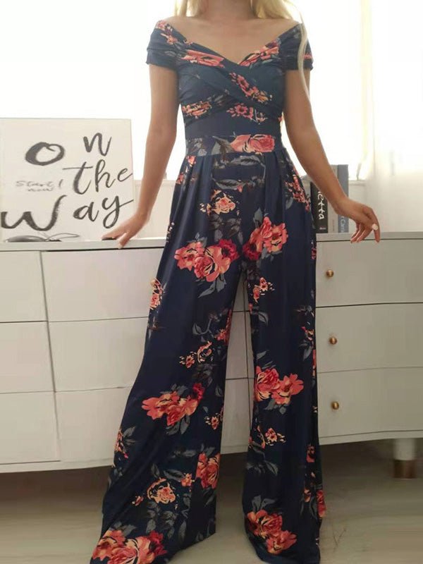 Women's Jumpsuits Off Shoulder Print High Waist Wide Leg Jumpsuit