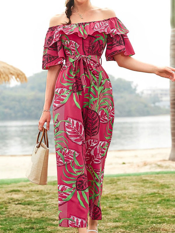 Women's Jumpsuits One-Shoulder Floral Belted Ruffle Jumpsuit