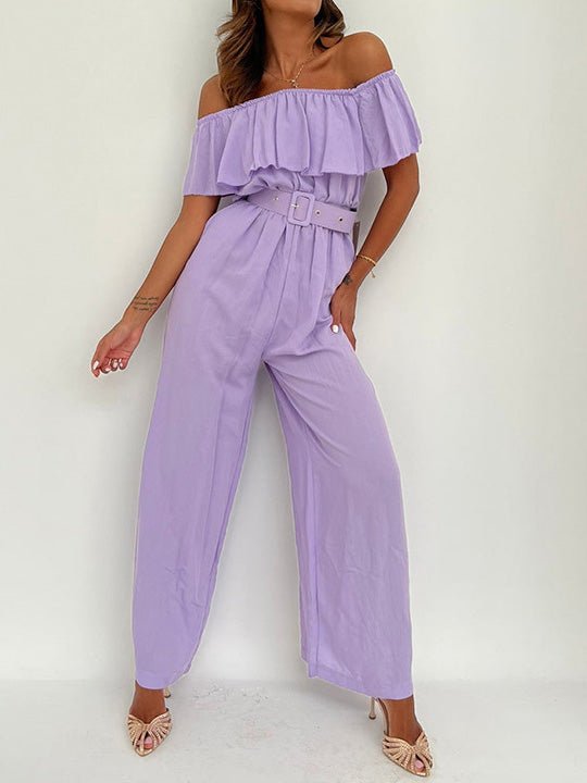 Women's Jumpsuits One-Shoulder Ruffle Belt Wide-Leg Jumpsuit