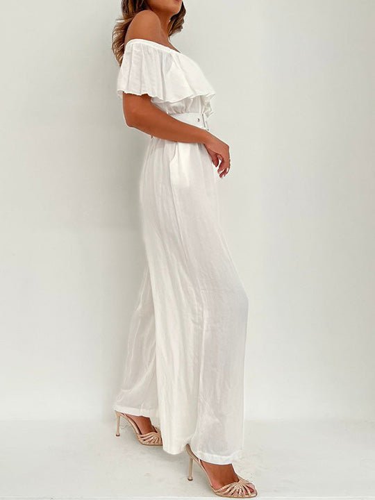 Women's Jumpsuits One-Shoulder Ruffle Belt Wide-Leg Jumpsuit