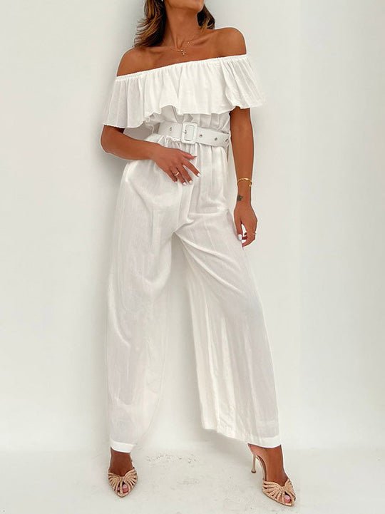 Women's Jumpsuits One-Shoulder Ruffle Belt Wide-Leg Jumpsuit