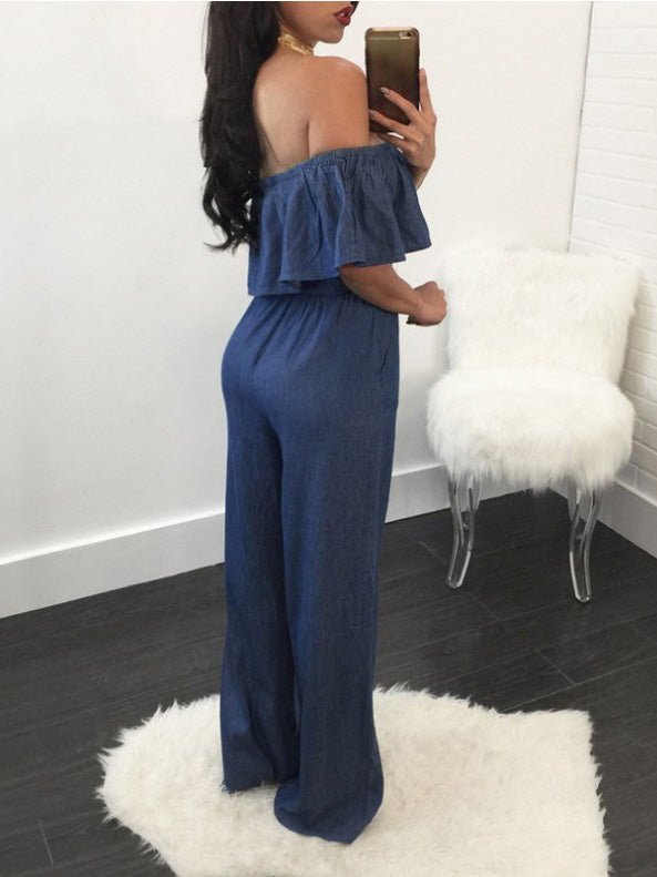 Women's Jumpsuits One-Shoulder Ruffled Lace-Up Denim Jumpsuit