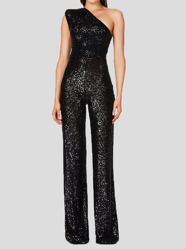 Women's Jumpsuits One-Shoulder Sequined Slim-Fit Jumpsuit