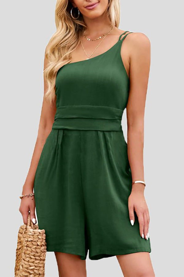 Solid One Shoulder Backless Romper