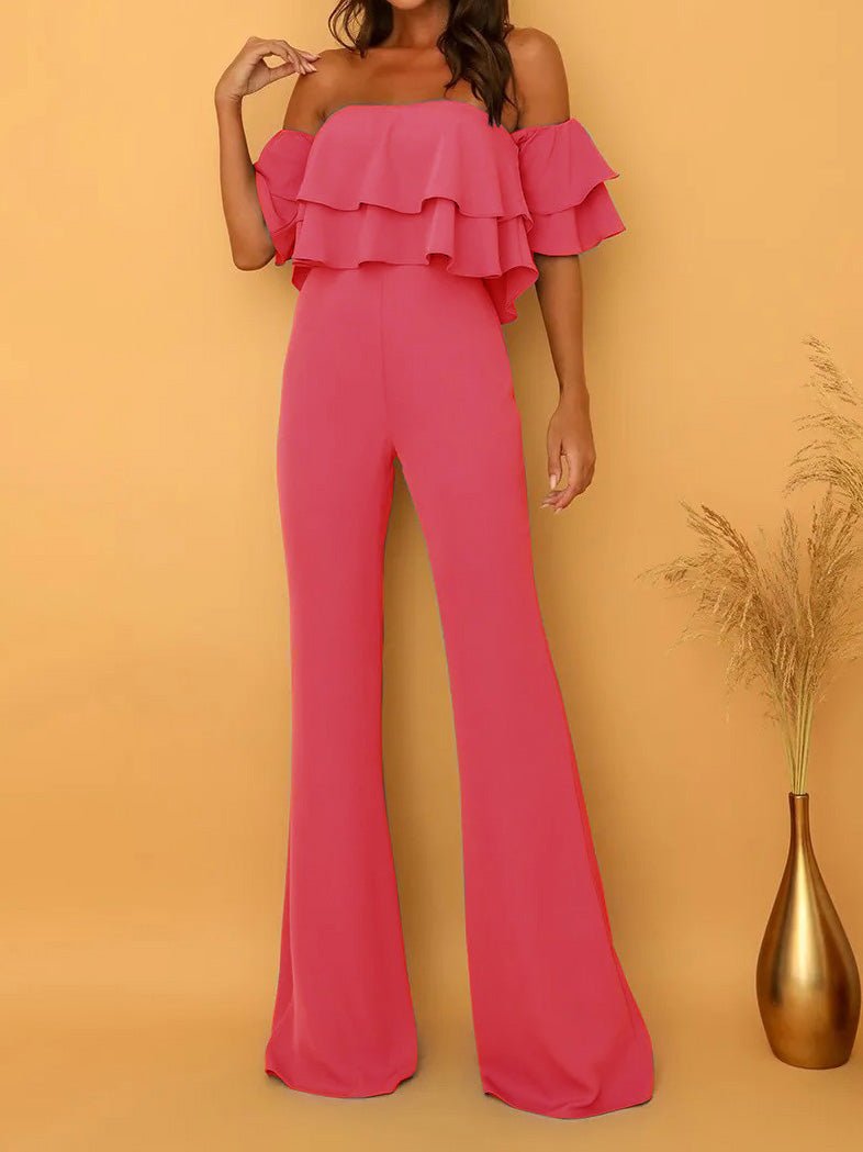 Women's Jumpsuits One Word Collar Ruffled Solid Jumpsuit