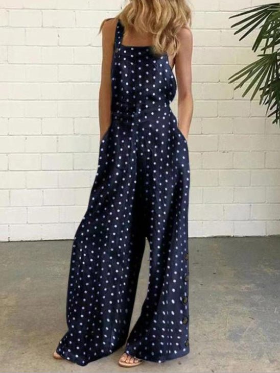 Women's Jumpsuits Polka Dot Print Button Sleeveless Pocket Jumpsuit