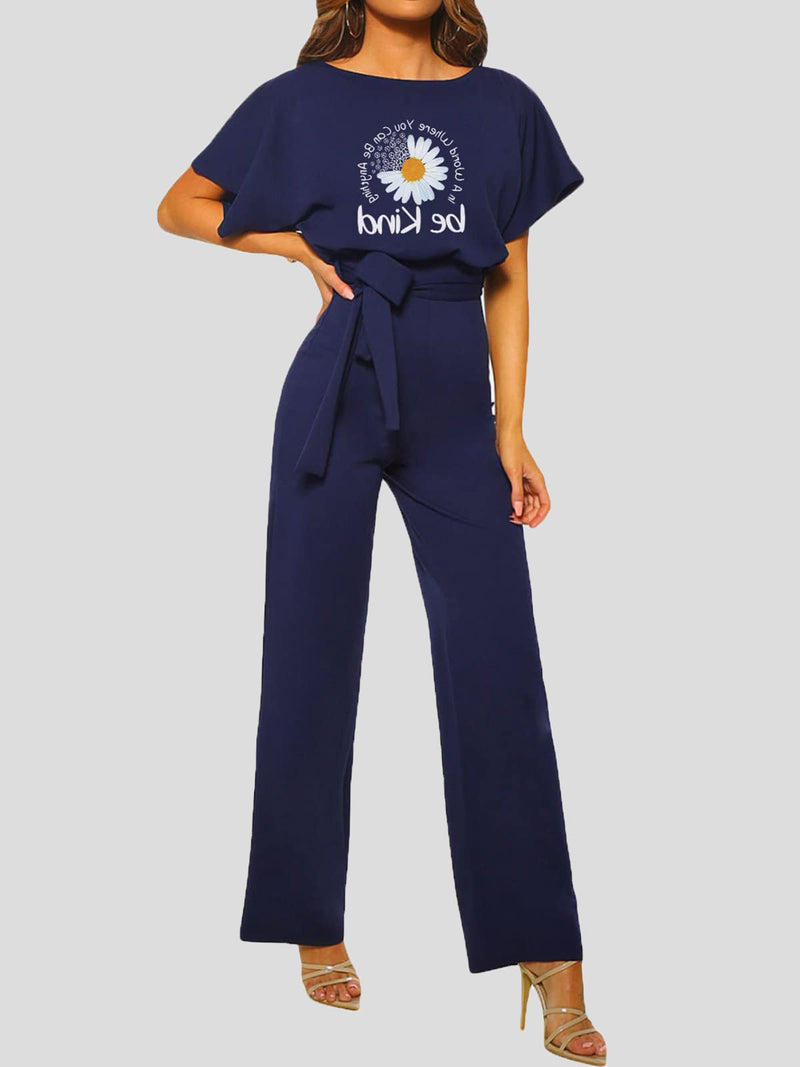 Women's Jumpsuits Printed Belted Short Sleeve Casual Jumpsuit