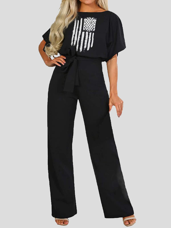 Women's Jumpsuits Printed Belted Short Sleeve Casual Jumpsuit