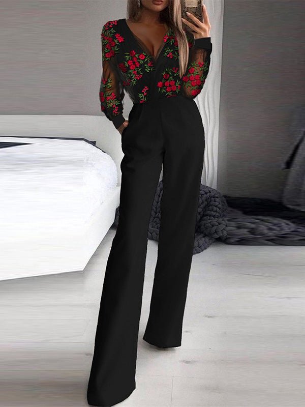 Women's Jumpsuits Printed Mesh V-Neck Long Sleeve Jumpsuit