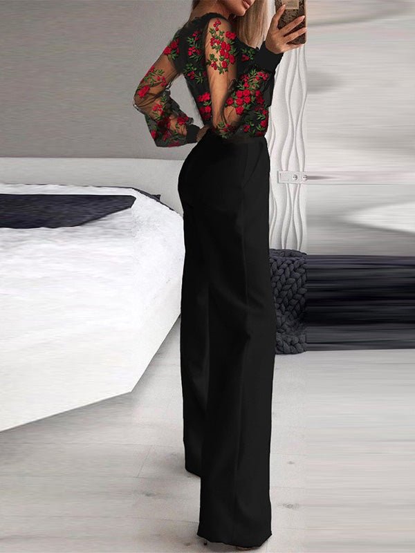 Women's Jumpsuits Printed Mesh V-Neck Long Sleeve Jumpsuit