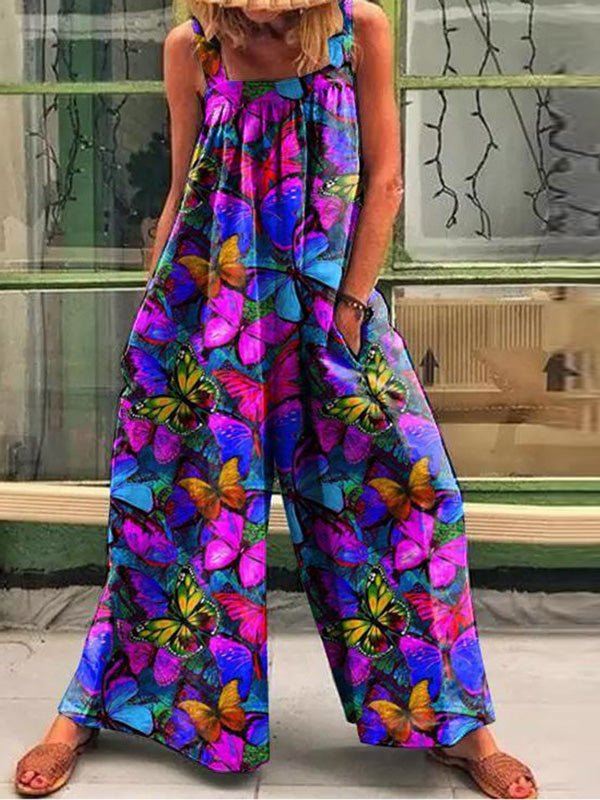 Women's Jumpsuits Printed Sling Pocket Wide-Leg Jumpsuit