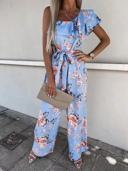 Women's Jumpsuits Printed Suspender Belted Sloping Shoulder Jumpsuit