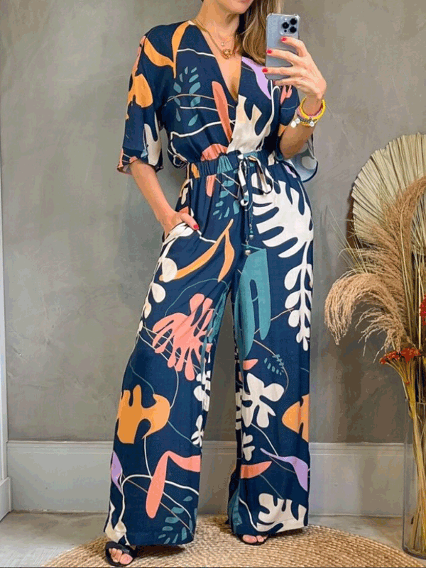 Women's Jumpsuits Printed V-Neck Short Sleeve Drawstring Jumpsuit