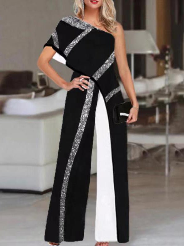 Women's Jumpsuits Sequined One-Shoulder Wide-Leg Jumpsuit