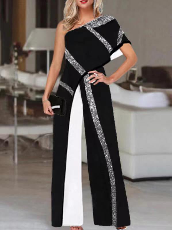 Women's Jumpsuits Sequined One-Shoulder Wide-Leg Jumpsuit